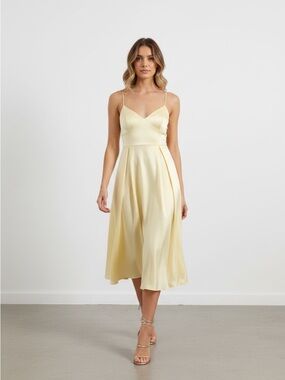 Elegant Pale Yellow Midi Dress with Spaghetti Straps